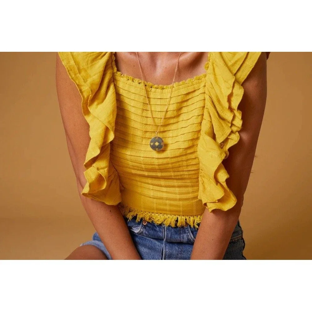 Vestique Womens M Mustard Yellow Ruffle Square Neck Cropped Tie Cut Out Back Top